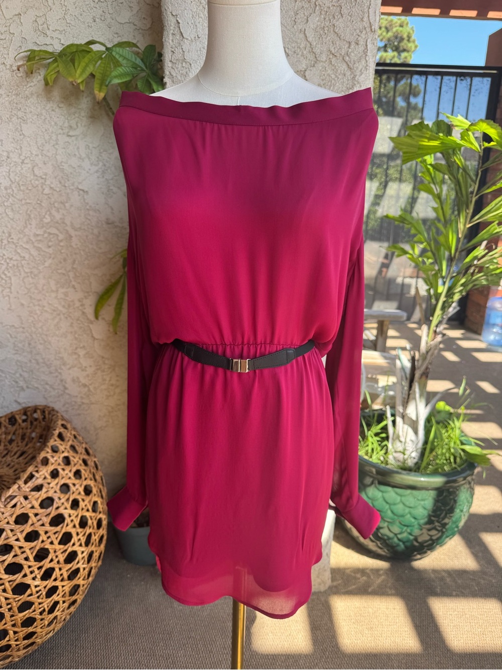 Haute Hippie Off-Shoulder Magenta Long-Sleeve Dress with Belt